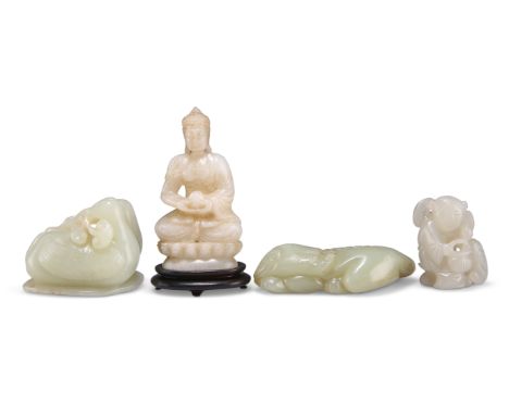 A GROUP OF CHINESE JADE CARVINGS, comprising ducks, qilin, girl with basket, and buddha on wooden stand. (4) Buddha 8.5cm hig