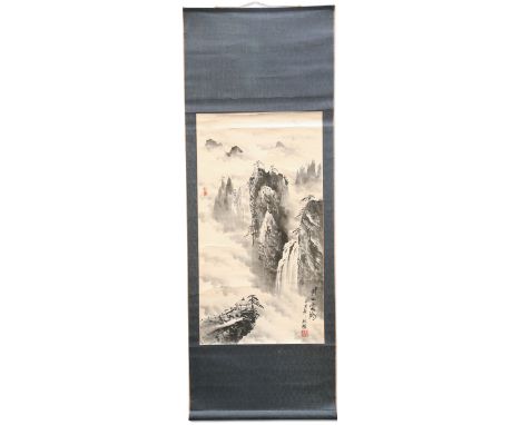 A CHINESE SCROLL PAINTING, depicting mountainous landscape. Image 89cm by 48cm