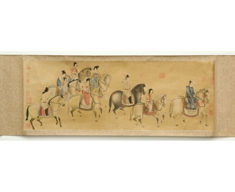 A CHINESE SCROLL PAINTING, depicting eight figures on horseback, stamped with several red seals. 146cm by 53.5cmCONDITION REP
