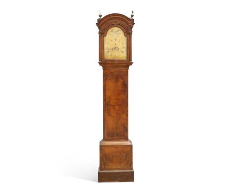 AN 18TH CENTURY WALNUT EIGHT-DAY LONGCASE CLOCK, SIGNED WILLIAM JAMES, BATH, the 11½-inch brass break-arch dial engraved with