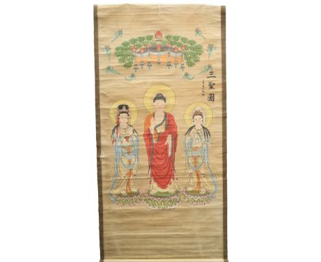 A LARGE CHINESE SCROLL PAINTING,&nbsp;depicting three goddesses. 219cm by 101cm overall