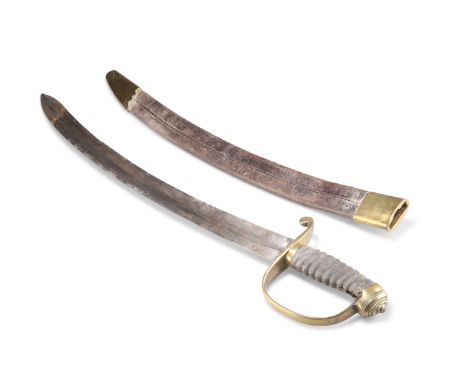 A BRASS-HILTED CUSTOMS OR POLICE HANGER, with leather and brass scabbard. 69.5cm overall