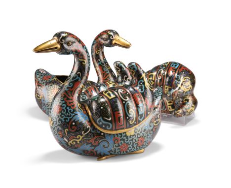 A PAIR OF CHINESE CLOISONNÉ&nbsp;ENAMEL CENSERS AND COVERS, in the form of swans, 19th Century. (2) 20.5cm highCONDITION REPO