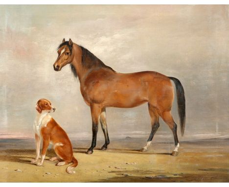 ALEXANDER FREDERICK ROLFE (1815-1907), ARAB MARE WITH DOG IN A LANDSCAPE, signed and dated 1843 lower right, oil on canvas, f