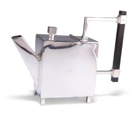 A SILVER-PLATED TEAPOT, IN THE MANNER OF CHRISTOPHER DRESSER, the cube body with hinged cover and ebonised handle. 16cm high 