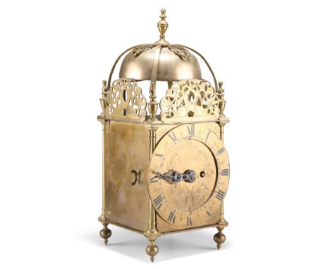 A 19TH CENTURY BRASS LANTERN CLOCK, the 6-inch dial with Roman numerals, signed 'Richard Neill', double fusee movement. 36cm 