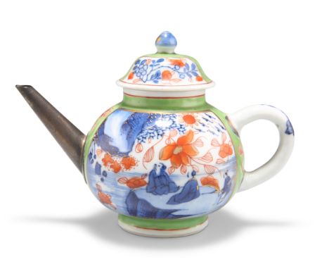 AN 18TH CENTURY CHINESE CLOBBERED PORCELAIN SMALL TEAPOT AND COVER, decorated with opposing vignettes of figures by waterside