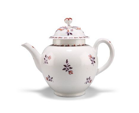 A WORCESTER TEAPOT AND COVER, CIRCA 1770, painted with purple and red sprigs of cherries, the domed cover with flower finial.