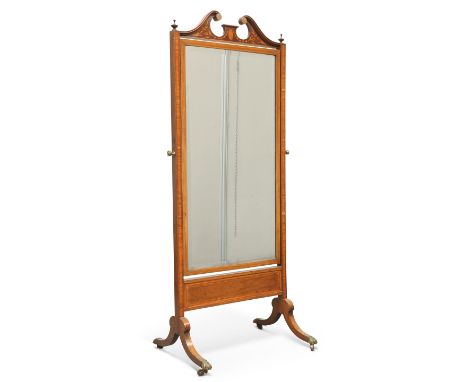 A SHERATON REVIVAL SATINWOOD INLAID MAHOGANY CHEVAL MIRROR, CIRCA 1900, with swan-neck pediment and urn-topped square-section