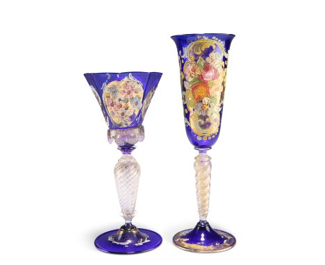 TWO VENETIAN GLASS GOBLETS, CIRCA 1950S, one with an octagonal blue glass bowl enamelled with floral reserves and lattice abo