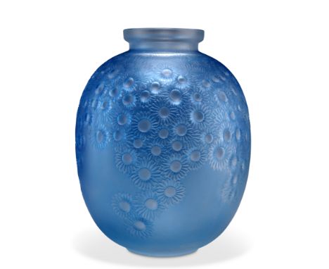 RENÉ LALIQUE (FRENCH, 1860-1945), 'MARGUERITES', A VASE, DESIGNED 1923, frosted and polished glass with blue staining, no. 92