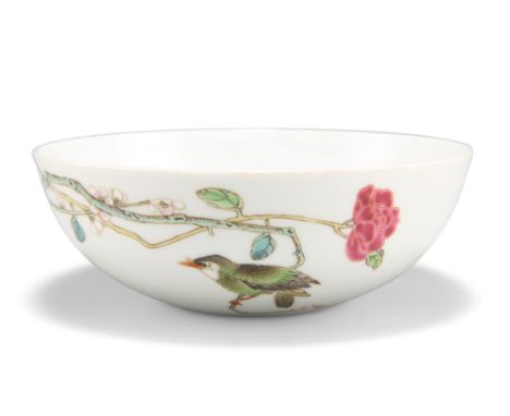 A CHINESE PORCELAIN BOWL, circular, enamel painted with a bird perched upon a blossoming bough, bears underglaze blue six cha