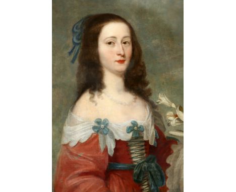 BRITISH SCHOOL (18TH/19TH CENTURY), PORTRAIT OF A LADY, HALF LENGTH, WEARING A RED DRESS, HOLDING A BOUQUET OF LILIES, oil on