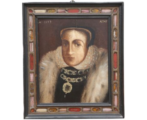 BRITISH SCHOOL, PORTRAIT OF A LADY (POSSIBLY&nbsp;MARY QUEEN OF SCOTS), inscribed upper left and upper right, oil on panel, i