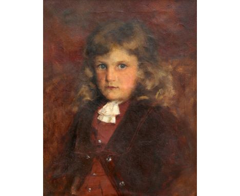 BRITISH SCHOOL (EARLY 20TH CENTURY), PORTRAIT OF A CHILD WEARING A MAROON WAISTCOAT, RED JACKET AND WHITE RUFF, oil on canvas