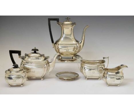 Edward VII five-piece silver tea and coffee set, consisting of a teapot, coffeepot, tea caddy, sugar bowl, and milk jug, spon