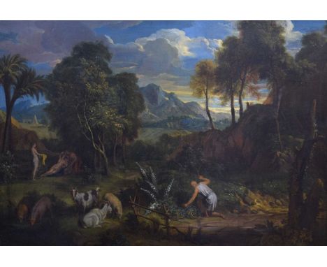 Manner of Nicolaes Pietersz. Berchem, (1620-1683) - Oil on canvas - 18th century Italianate Arcadian landscape, with kneeling