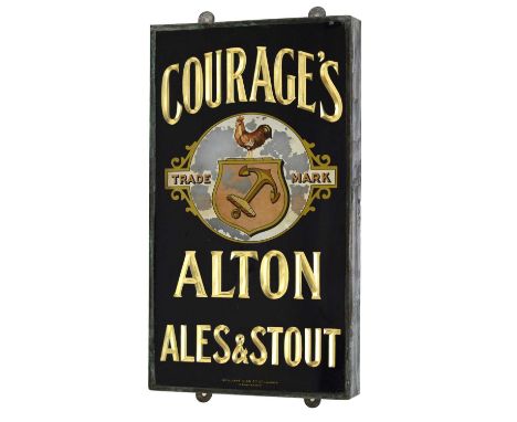 Advertising - Courage's Brewery, Alton Ales &amp; Stout glass fronted sign with incised lettering in gold on a black ground, 