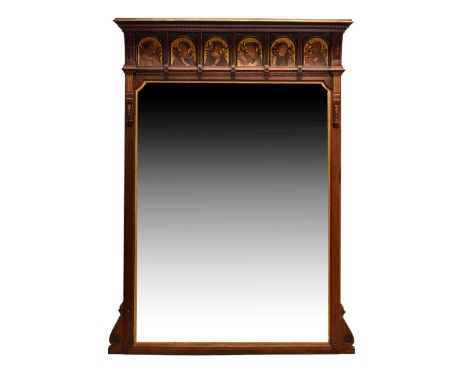 Aesthetic movement walnut, painted and parcel gilt overmantel mirror, circa 1880, the rectangular plate beneath arcaded downs
