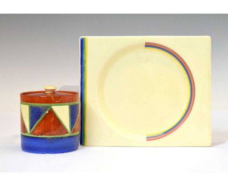 Clarice Cliff 'Original Bizarre' preserve pot and cover, together with a 'Biarritz' sandwich plate, 18cm diameter and smaller