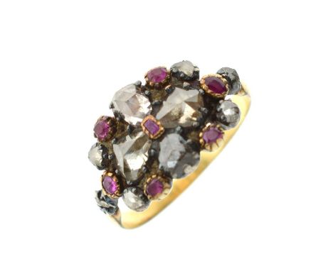 Georgian diamond and ruby yellow and white metal ring, four old pear-shaped rose cut diamonds with small rectangular mixed cu