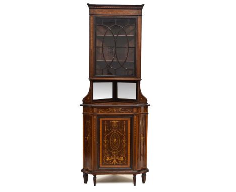 Edwards &amp; Roberts - Edwardian mahogany corner display cabinet, the upper section with cavetto cornice over floral swag fr