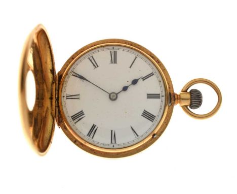 Late Victorian 18k gold half-hunter pocket watch, the white enamel dial with Roman hour markers and blued steel hands, engrav