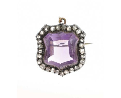 Victorian amethyst and diamond brooch, the shield shaped step cut amethyst measuring approx. 13.7mm x 12.0mm x 5.9mm, collet 