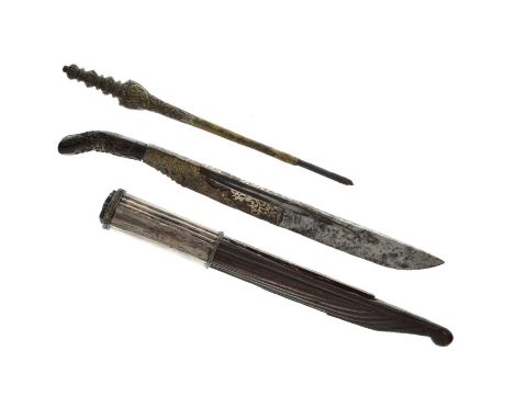 18th century Ceylonese piha-kaetta, 15cm fullered single-edge blade, inlaid with scrolling silver work and with white metal c