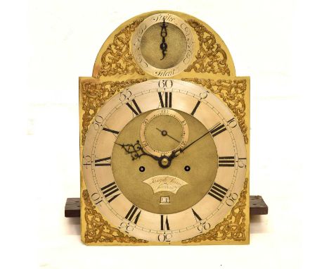 Joseph Lucas, London - George III 8-day brass longcase clock dial and movement, the 12-inch break-arched dial with matted cen