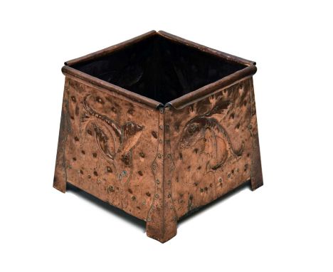 Early 20th century Arts &amp; Crafts copper jardinière or planter, of scroll-topped square tapered form repousse decorated in