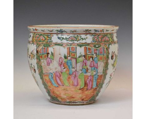 Chinese Canton Famille Rose jardinière or planter, Qing dynasty, 19th century, decorated with two panels of courtly figures a