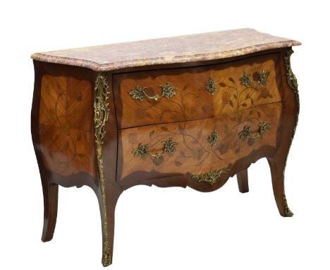 French marble-topped kingwood and marquetry bombe commode chest, 20th century, with serpentine rouge marble top over two book