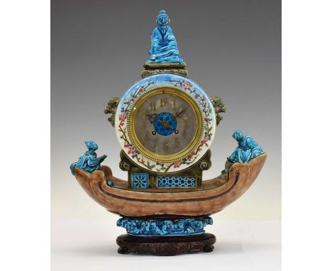Late 19th century French Aesthetic period 'Chinoiserie' ceramic mantel clock, the 4-inch silvered Arabic chapter ring applied
