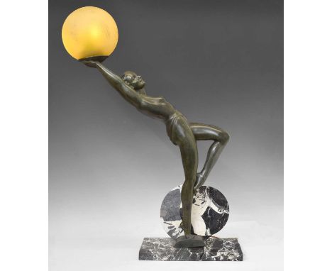 Art Deco style patinated bronze figural lamp, in the manner of Max Le Verrier, modelled as a nude female leaning back her arm