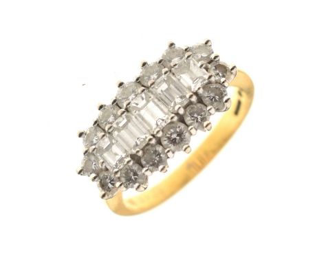 Fancy cut diamond 18ct gold cluster ring, centrally set five baguette cuts within a border of fourteen brilliant cuts, assess