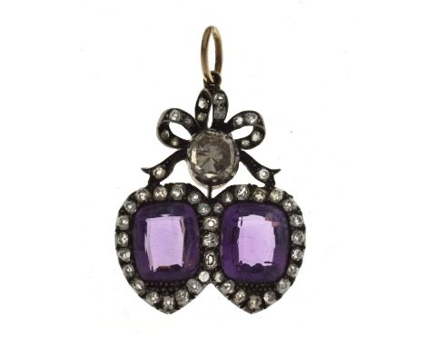 19th century amethyst and diamond double heart pendant with ribbon and bow surmount, two rectangular mixed cushion step cut a