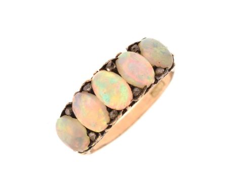 19th century opal and diamond five stone 18ct yellow gold ring, five oval cabochon cut precious white opals, displaying indig