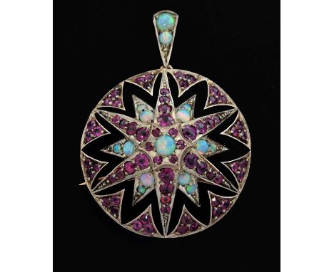 Late Victorian / Edwardian ruby and opal brooch / pendant / hair-piece, the circular halo design with two overlaid six-ray st