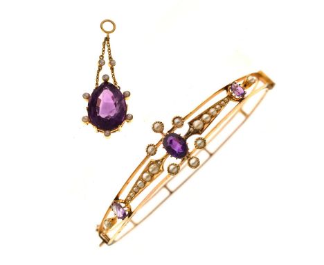 Late 19th / early 20th century amethyst and pearl 15ct yellow gold pendant, the pear-shaped mixed cut amethyst measuring appr