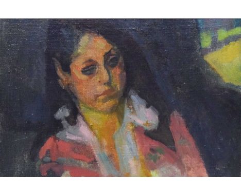 Robert Organ (1933-2023) - Oil on board - Portrait of Carole Innocent, signed and dated 1980 verso, 20cm x 33cm, in black pai