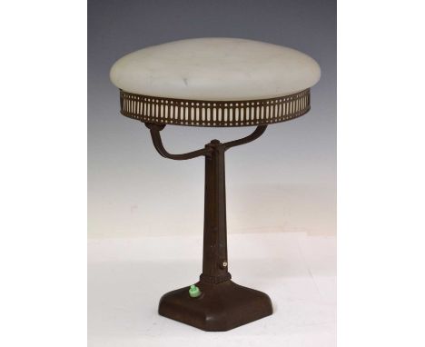 Jugendstil bronzed metal and glass table lamp, circa 1920, the marbled glass domed shade supported on a galleried ring raised
