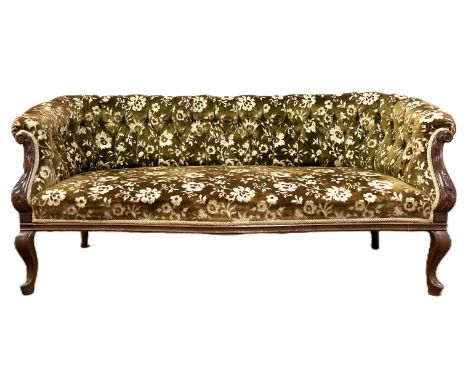 A late Victorian button back cusioned sofa, late 19th century,   currently upholstered in damask/ cut velvet, buttoned back, 