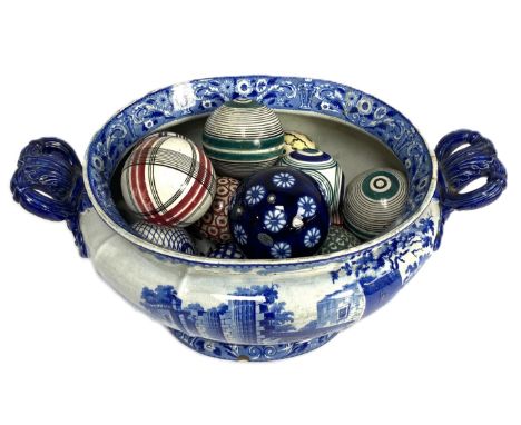 A selection of Scottish pottery indoor carpet bowls, 19th/20th century,  polychrome in various elaborated styles; together wi