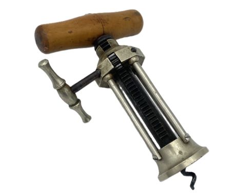 A rare English Narrow Rack type corkscrew, late 19th century,  with rack and pinion two stage iron screw fitting, with and fo