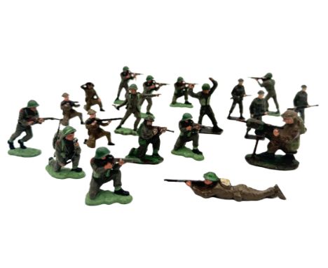 A collection of toy soldiers, mostly early plastic, some metal, Britains, Lone Star, some with a herald or trumpeter logo to 