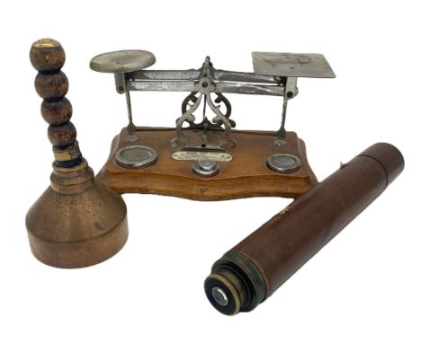An unusual 19th century copper and turned wood handbell; together with a small deer stalker’s telescope and a set of postal s