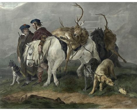 After SIR EDWIN LANDSEER, Scottish (1802-1873), The Stalkers Returning,   coloured lithograph, published 1864, 69cm x 80cm, i
