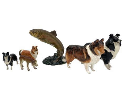 BESWICK: Assorted Beswick pottery animals, including two Border Collie dogs;  two similar smaller; also a Leaping Trout, and 