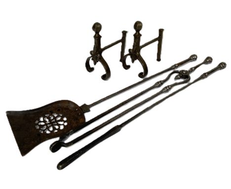 A good late Victorian set of fire irons, including a matching pair of andirons, a shovel, tongs and poker; all with hexagonal